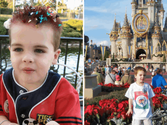 A split-screen image. On the left, a close-up of a young boy with "pixie dust" glitter and colorful Mickey-shaped confetti in his hair. On the right, the same boy stands in front of Cinderella Castle at Magic Kingdom, which is decorated with gold drapery and 50th-anniversary emblems, surrounded by red poinsettias.