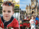 A split-screen image. On the left, a close-up of a young boy with "pixie dust" glitter and colorful Mickey-shaped confetti in his hair. On the right, the same boy stands in front of Cinderella Castle at Magic Kingdom, which is decorated with gold drapery and 50th-anniversary emblems, surrounded by red poinsettias.
