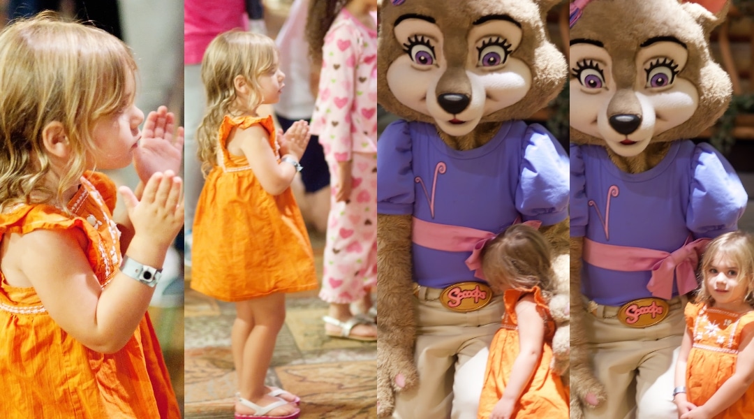 Little girl meeting Violet at Great Wolf Lodge
