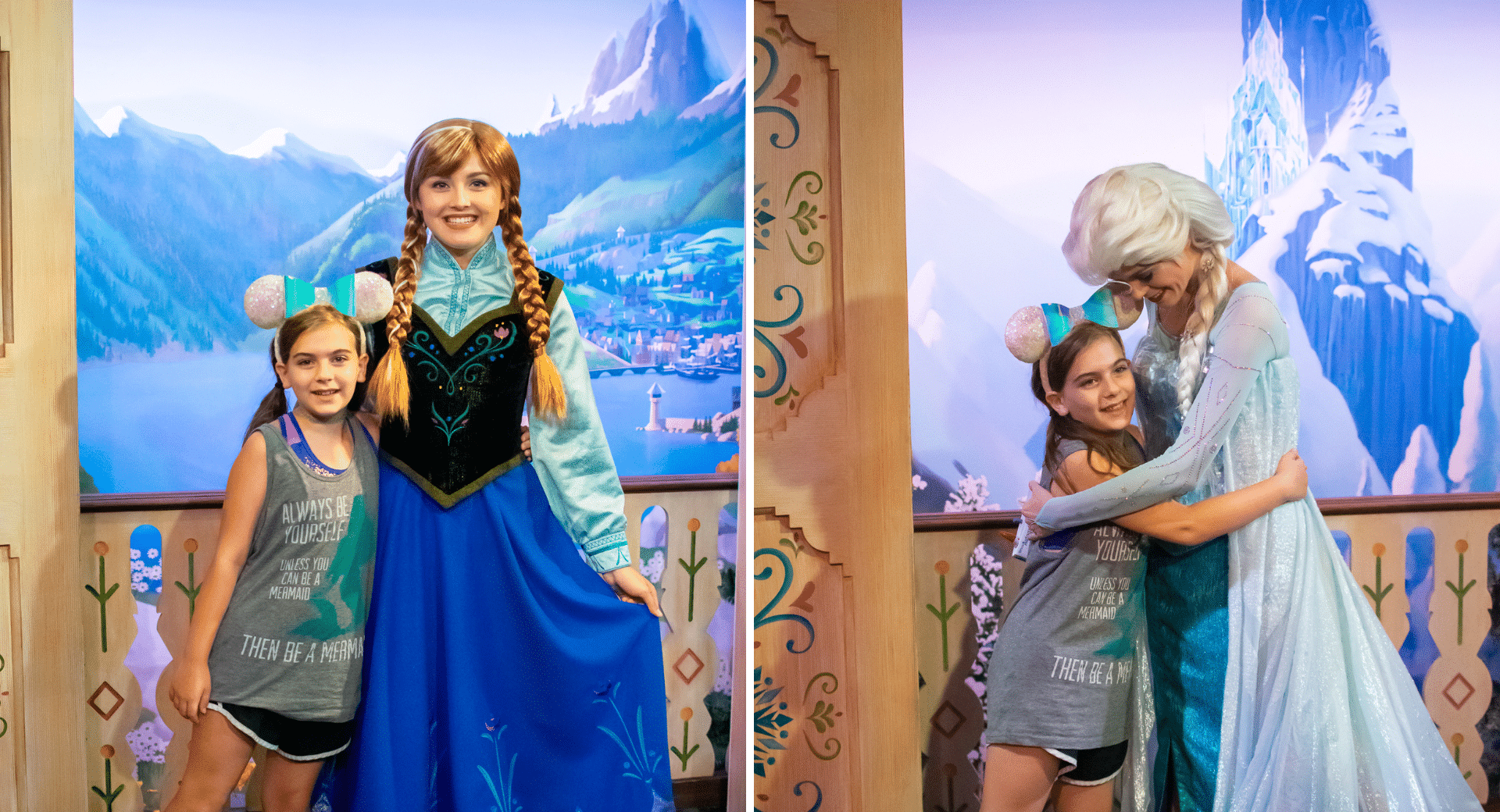 Elsa and Anna from Frozen with a young girl at Epcot