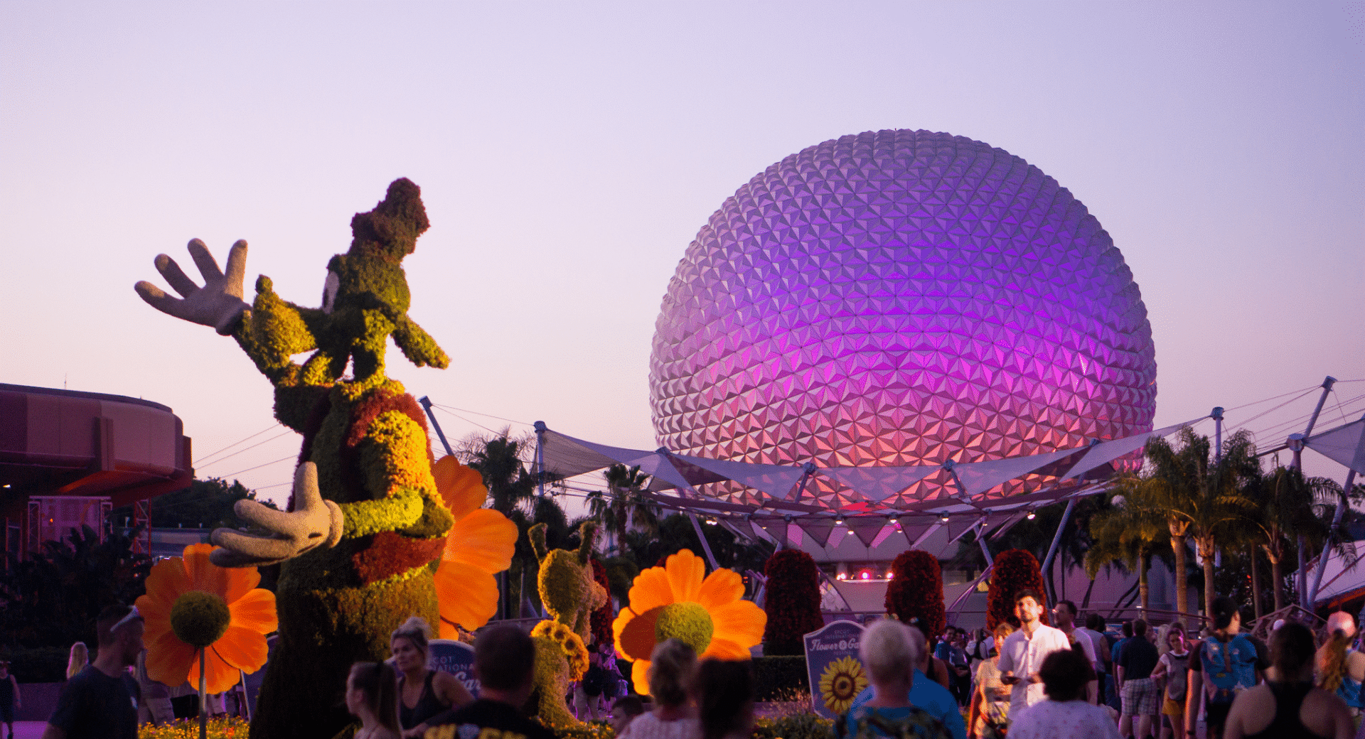 Spaceship Earth and Goofy Topiary at Epcot's Flower and Garden Festival