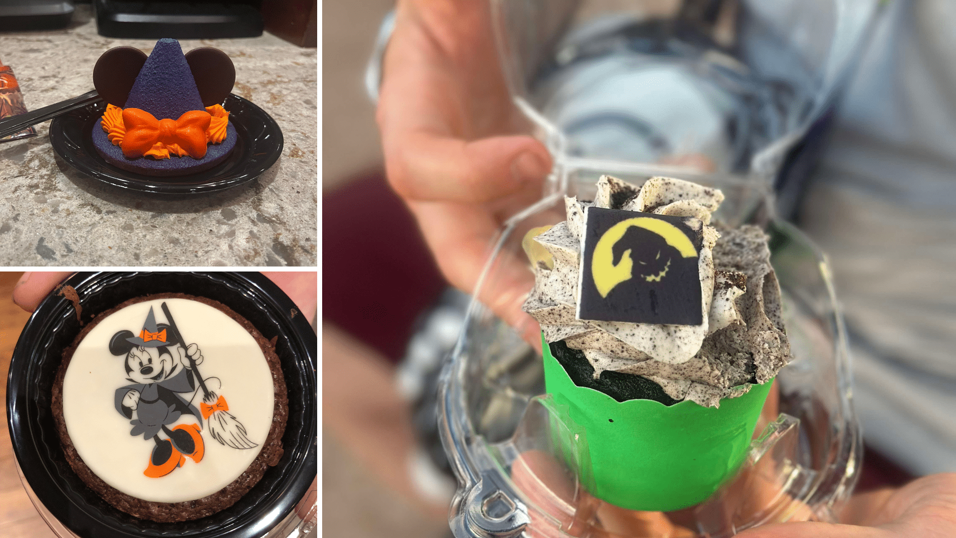 Minnie witch cupcake and brownie and Oogie Boogie dessert at Walt Disney World during Halloween