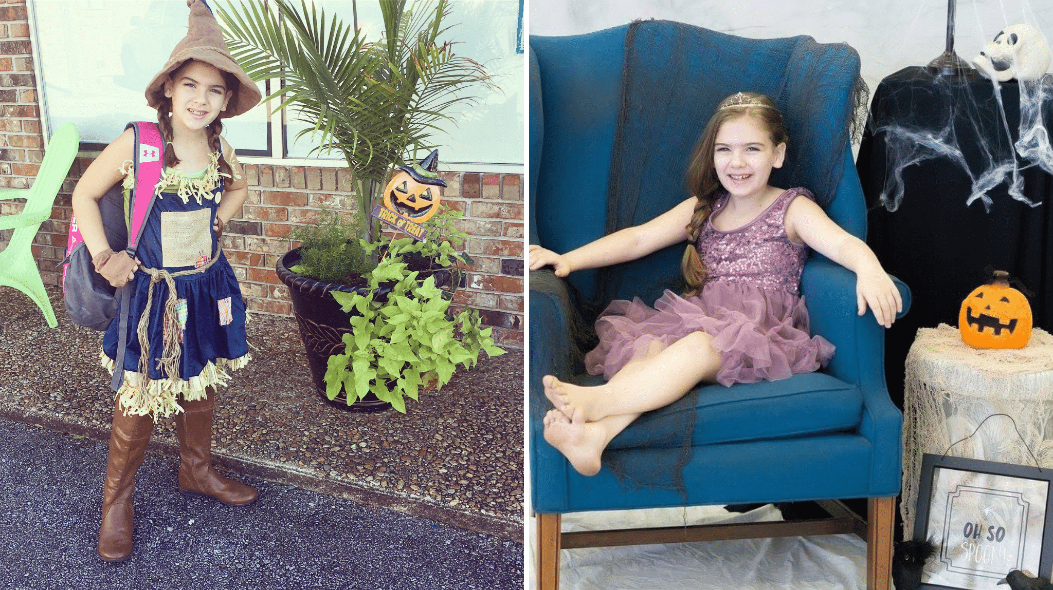 Girl in Scarecrow and Princess costume at Halloween