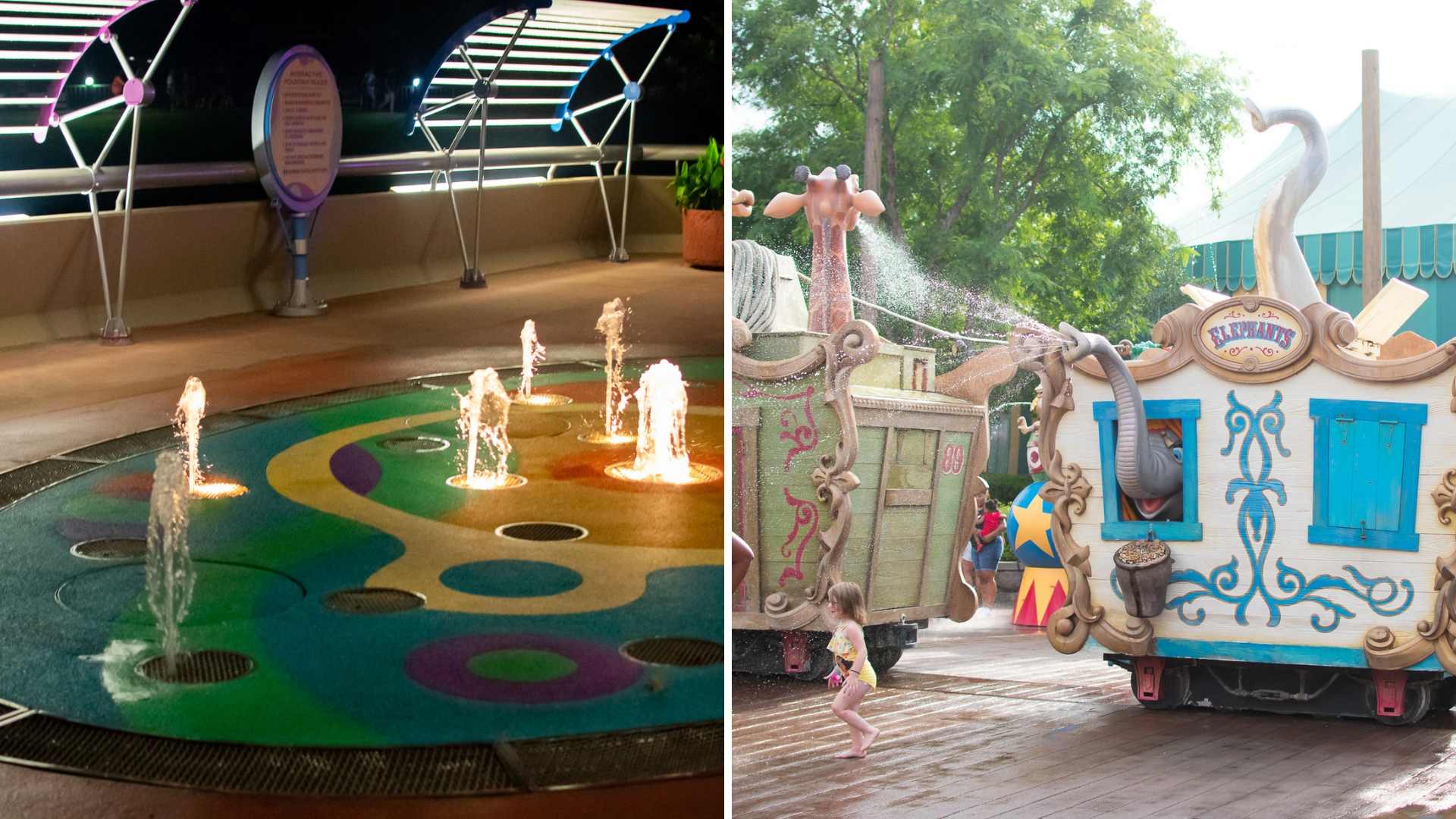 Splash pad at Epcot and Casey Juniors splash pad at Magic Kingdom