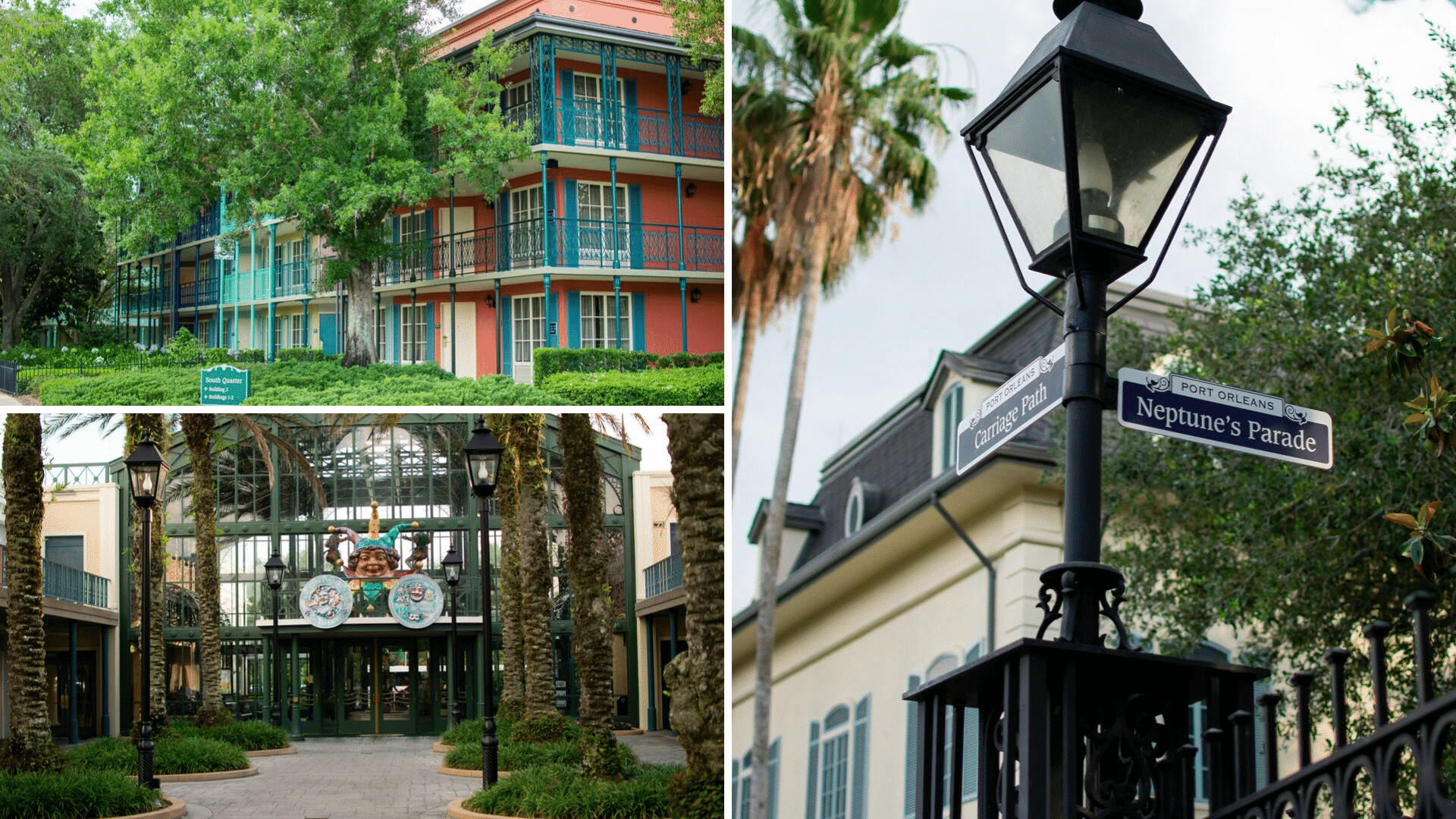 A collage of the resort's exterior architecture and grounds, including a salmon-colored guest building with teal wrought-iron balconies, a vintage street lamp marking "Neptune’s Parade," and the glass-enclosed main building entrance featuring a giant Mardi Gras jester mask.