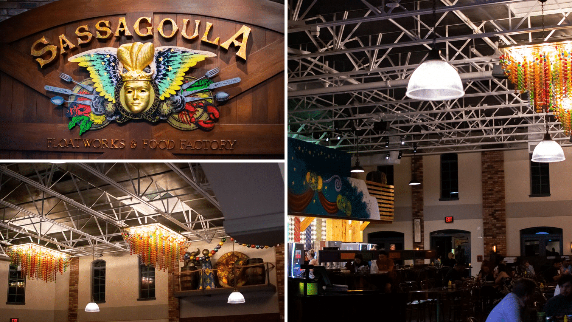 An interior collage of Sassagoula Floatworks & Food Factory, highlighting the colorful Mardi Gras float-inspired decor, industrial ceilings with massive multi-colored bead chandeliers, and the spacious, brick-accented dining hall.