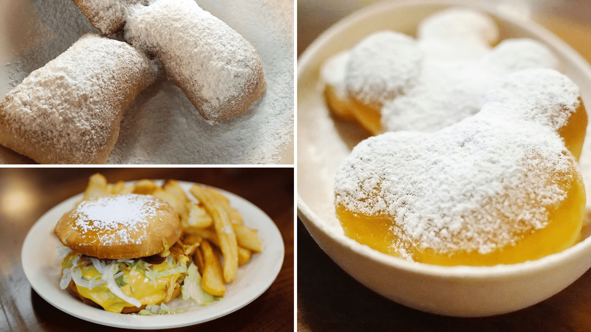 A three-part food collage showcasing iconic New Orleans-style treats: the top images feature classic rectangular and Mickey-shaped beignets buried under mounds of powdered sugar, while the bottom image shows a unique savory beignet burger served with French fries.