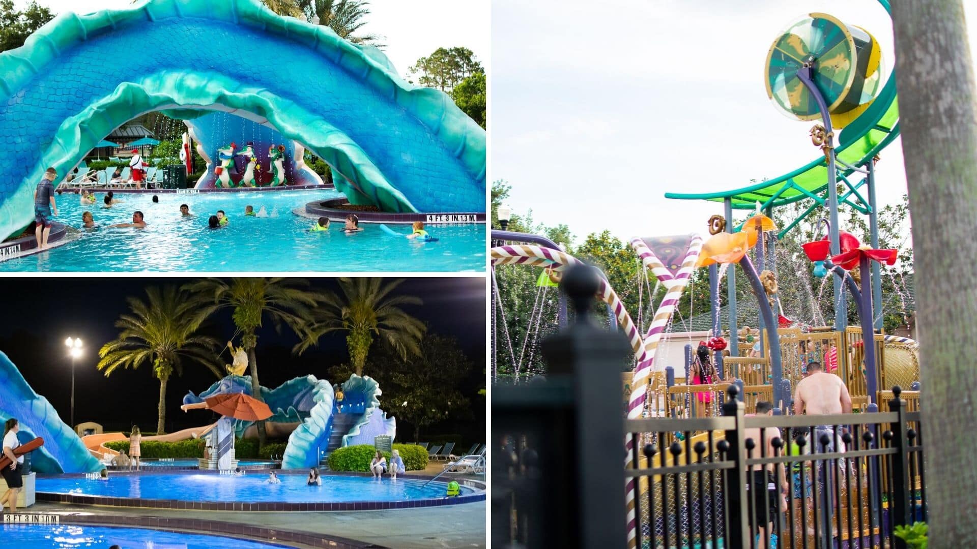 A vibrant collage of the Doubloon Lagoon pool area, featuring the famous blue sea serpent water slide, jazz-playing alligator statues, and the colorful children's interactive water play structure.