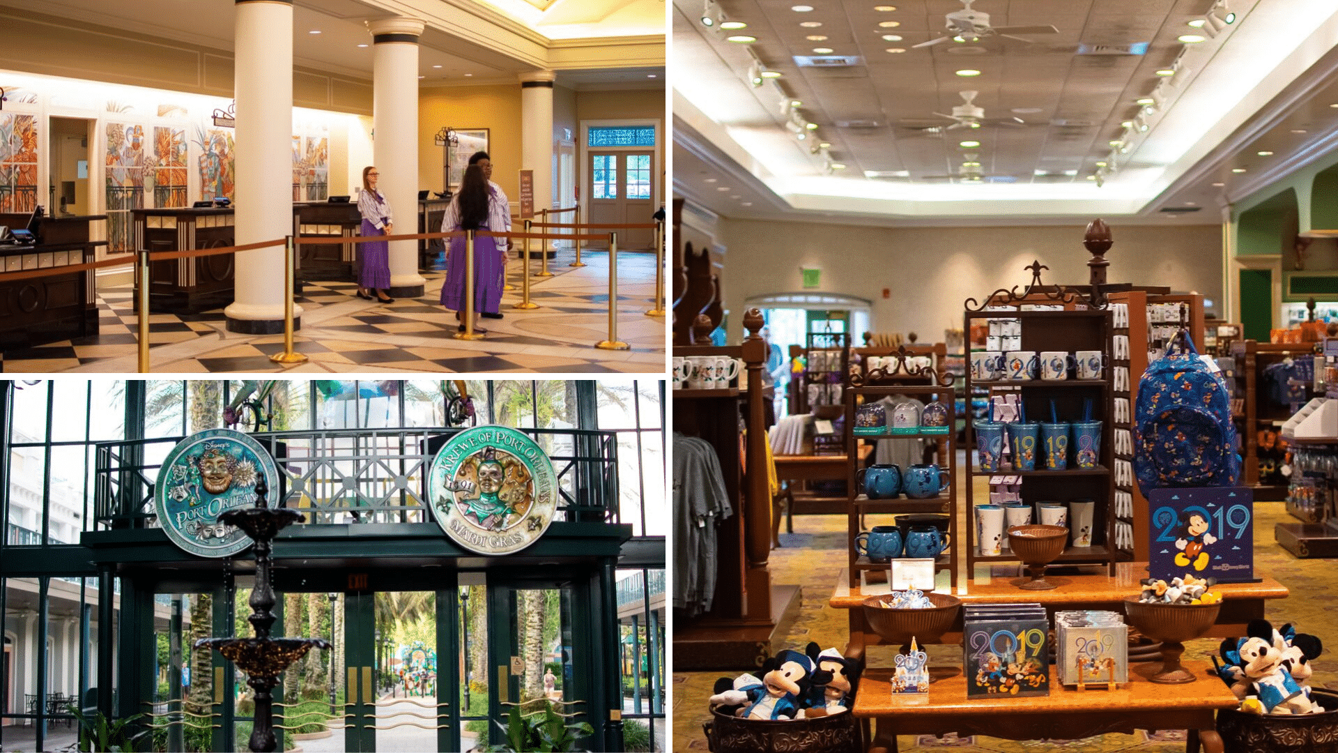 A collage of the resort’s interior amenities, showing the grand lobby with its checkered floors and white columns, a tiered fountain at the entrance, and the Jackson Square gift shop filled with Disney-themed souvenirs and plush toys.