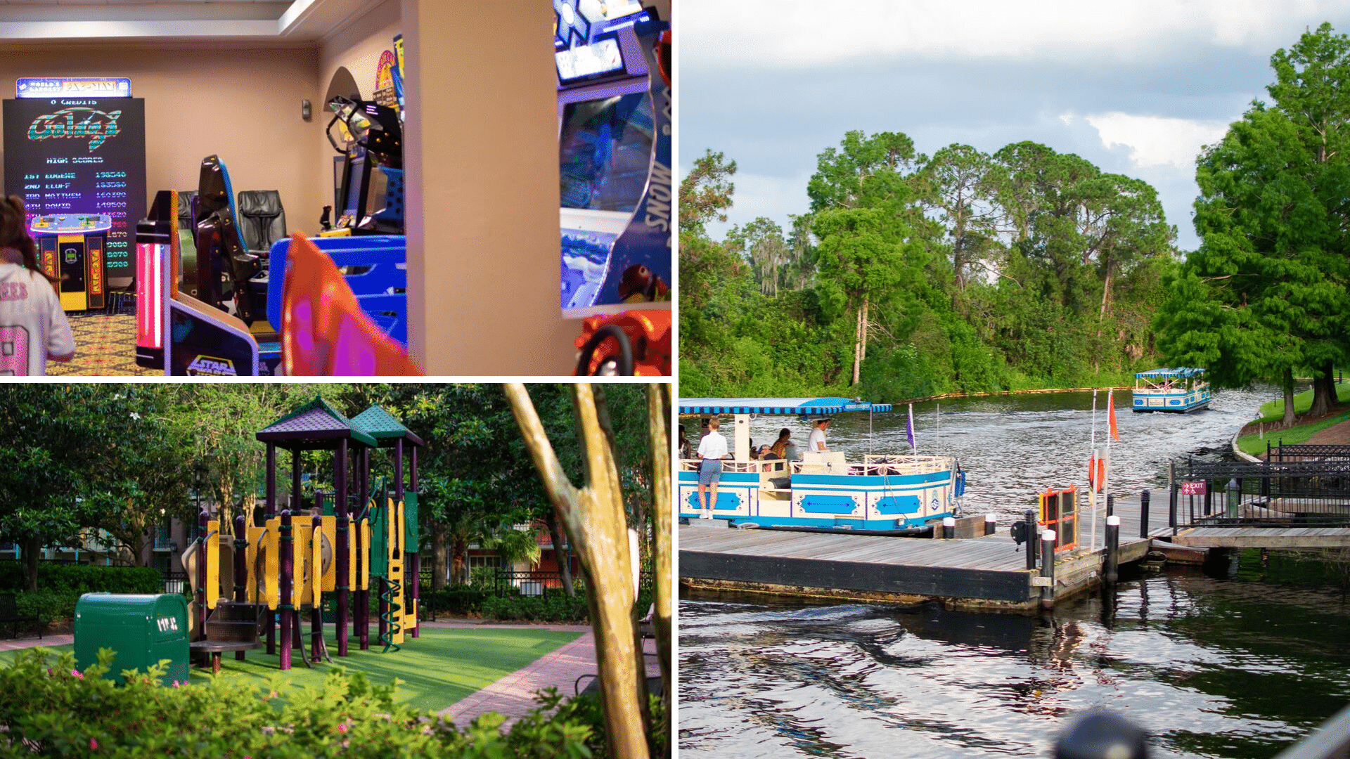 A collage highlighting resort recreation, featuring the neon-lit South Quarter Games arcade, a colorful outdoor children's playground, and the blue and white Sassagoula River Cruise boats docked at the pier along the tree-lined river.
