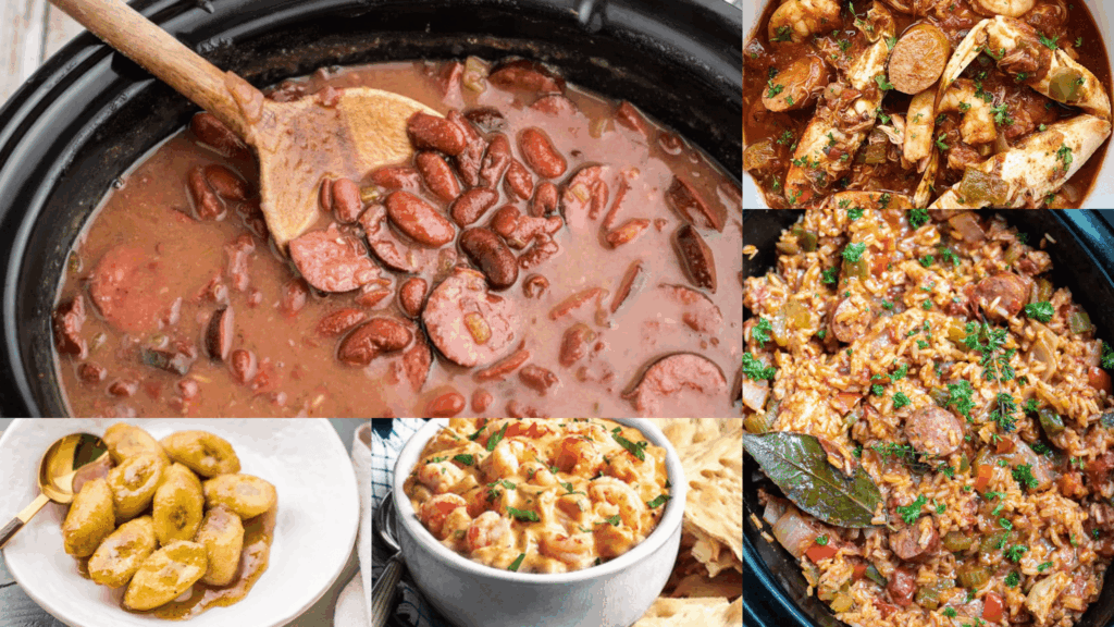 A colorful collage of various slow-cooker meals, including red beans and sausage, jambalaya with a bay leaf, seafood gumbo with crab legs, and sweet glazed bananas.