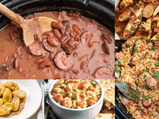 A colorful collage of various slow-cooker meals, including red beans and sausage, jambalaya with a bay leaf, seafood gumbo with crab legs, and sweet glazed bananas.