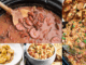 A colorful collage of various slow-cooker meals, including red beans and sausage, jambalaya with a bay leaf, seafood gumbo with crab legs, and sweet glazed bananas.