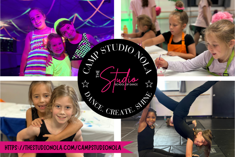 Camp Studio NOLA ad showing girls at summer camp dancing and painting. 