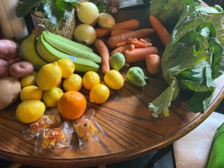 lemons, potatoes, carrots, onions, cabbages caught at a St. Patrick's Day parade in New Orleans on a table