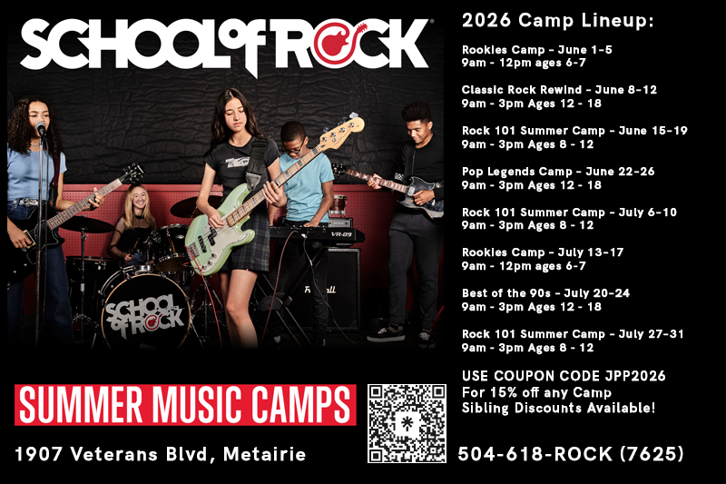 School of Rock Summer Camp Ad with a band and dates 