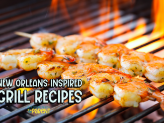 Shrimp on an open flame grill with the text New Orleans Inspired Grill Recipes and Jefferson Parish Parent
