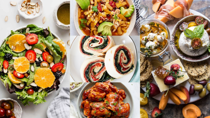 No cook recipes - citrus salad, chicken tortilla soup, pinwheel sandwiches, bbq chicken, charcuterie, board