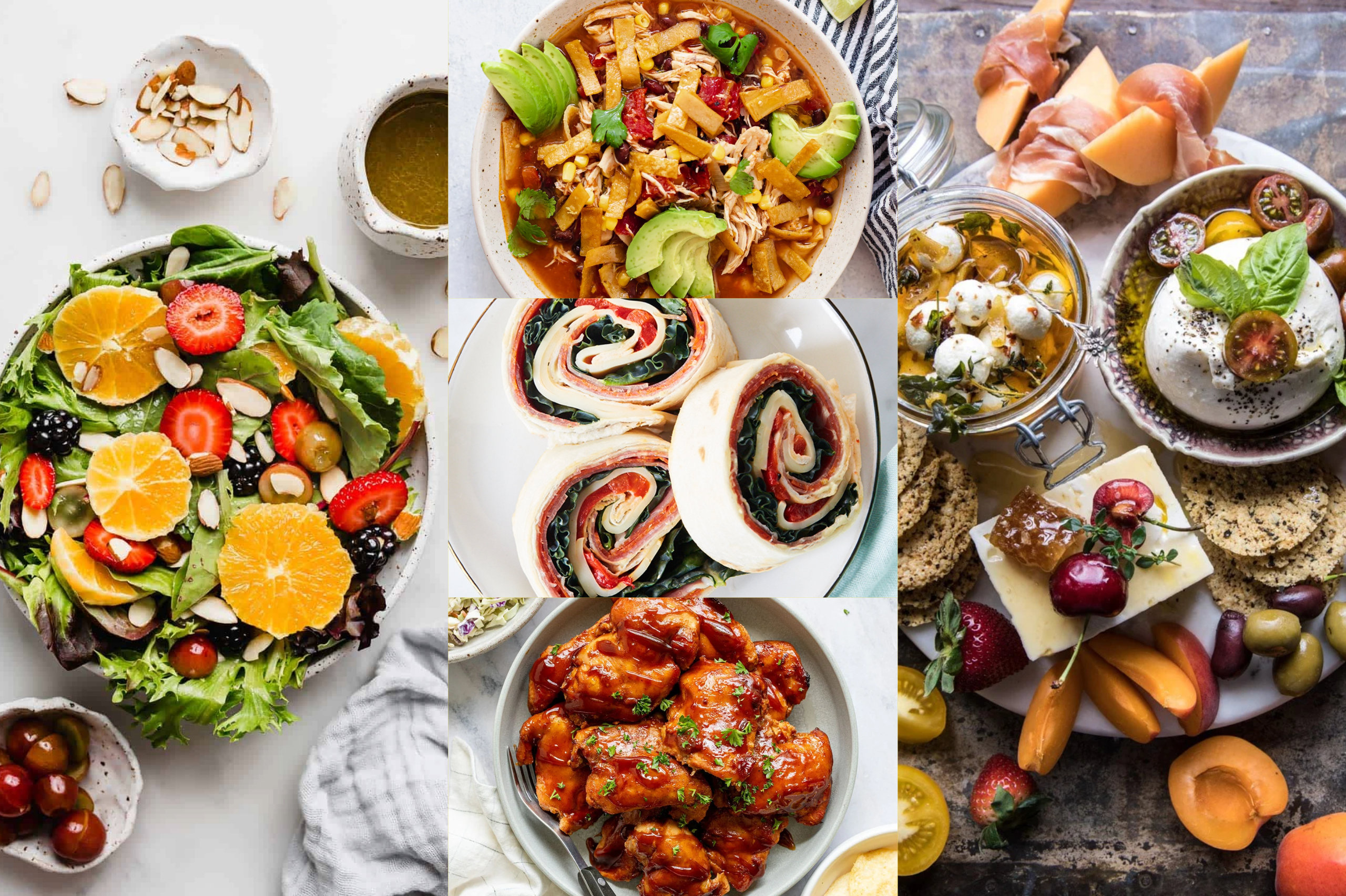 No cook recipes - citrus salad, chicken tortilla soup, pinwheel sandwiches, bbq chicken, charcuterie, board 