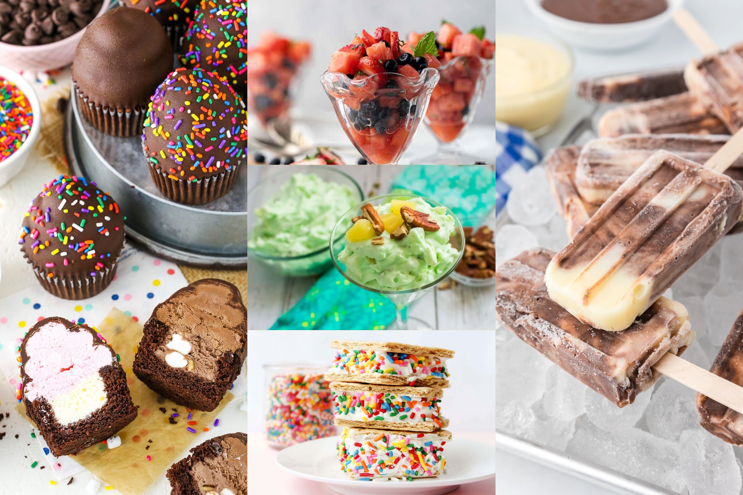 Collage of summer desserts: ice cream cupcakes, fruit salad, watergate salad, ice cream sandwiches, pudding pops 