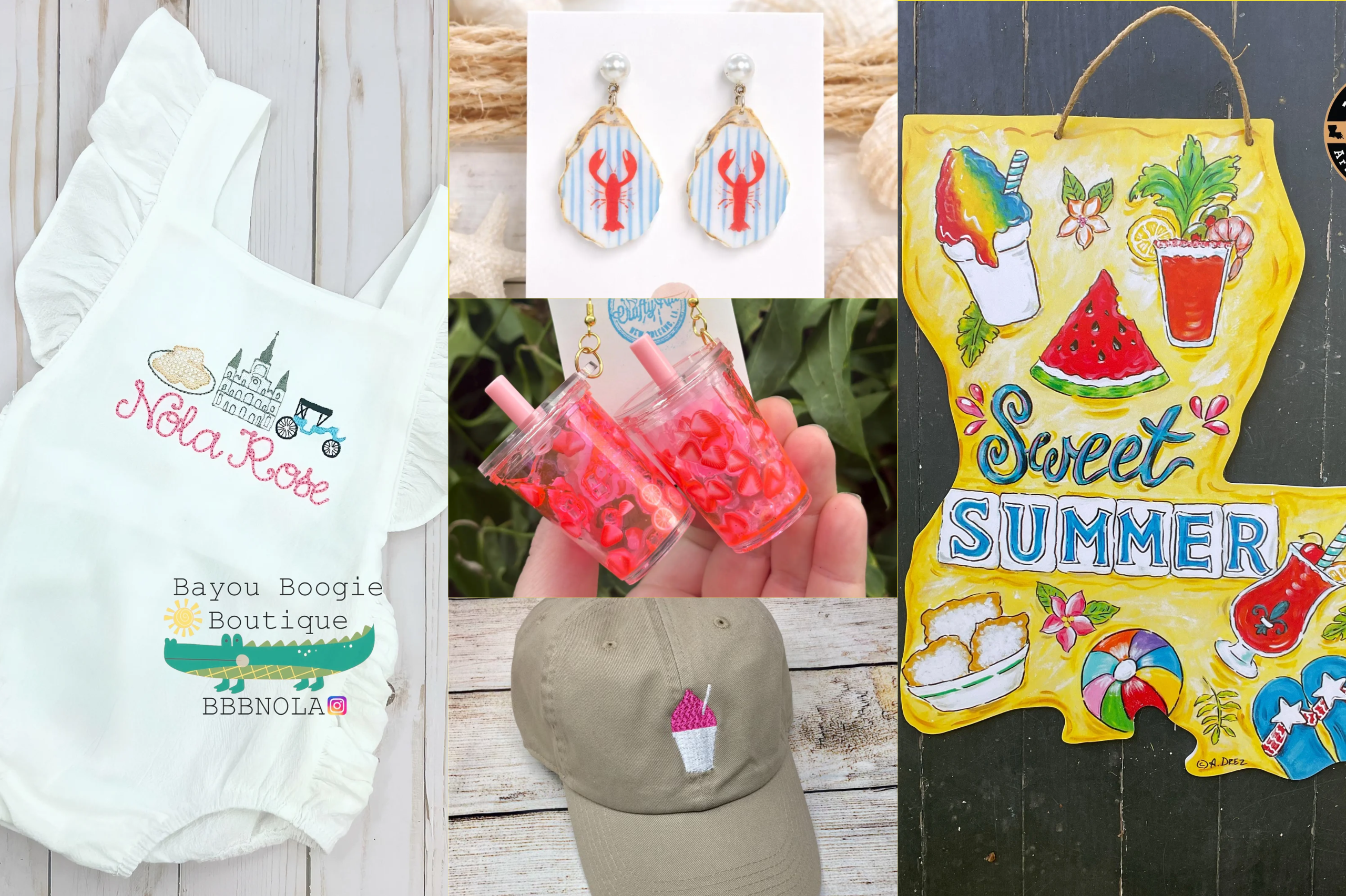 New Orleans summer Etsy Finds: Baby Bubble, Oyster Shell Earrings with Crawfish, Strawberry Lemonade Earrings, Snoball Hat, Louisiana Summer Door Hanger 