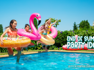 Tweens with inflatable floats jumping into a pool, with text end of summer party ideas and jeffersonparishparent.net