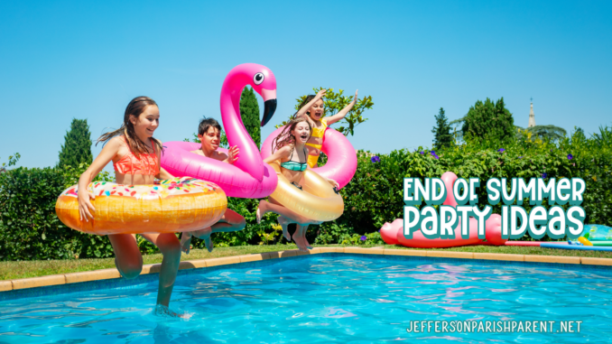 Tweens with inflatable floats jumping into a pool, with text end of summer party ideas and jeffersonparishparent.net
